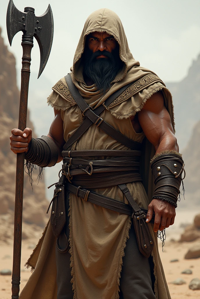 Warrior, beard , straight hair , holding a axe , Arabian accent , hoodie
