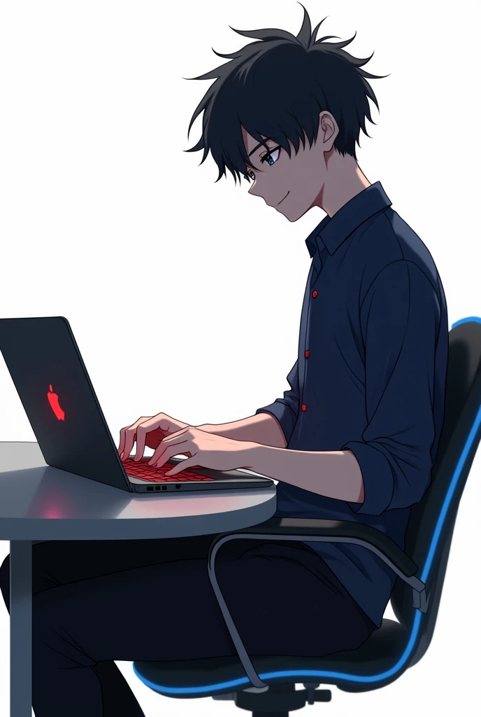 a realistic anime-style image of a  boy working on a blackish Apple laptop with a glowing red keyboard. He’s wearing a dark blue shirt, black pants, and sitting in a stylish black chair with blue borders. The boy is shown from the right side with short, stylish hair, white skin, and blackish eyes. He has a noticeably fat build, looks happy with a closed mouth, and the background is white.
