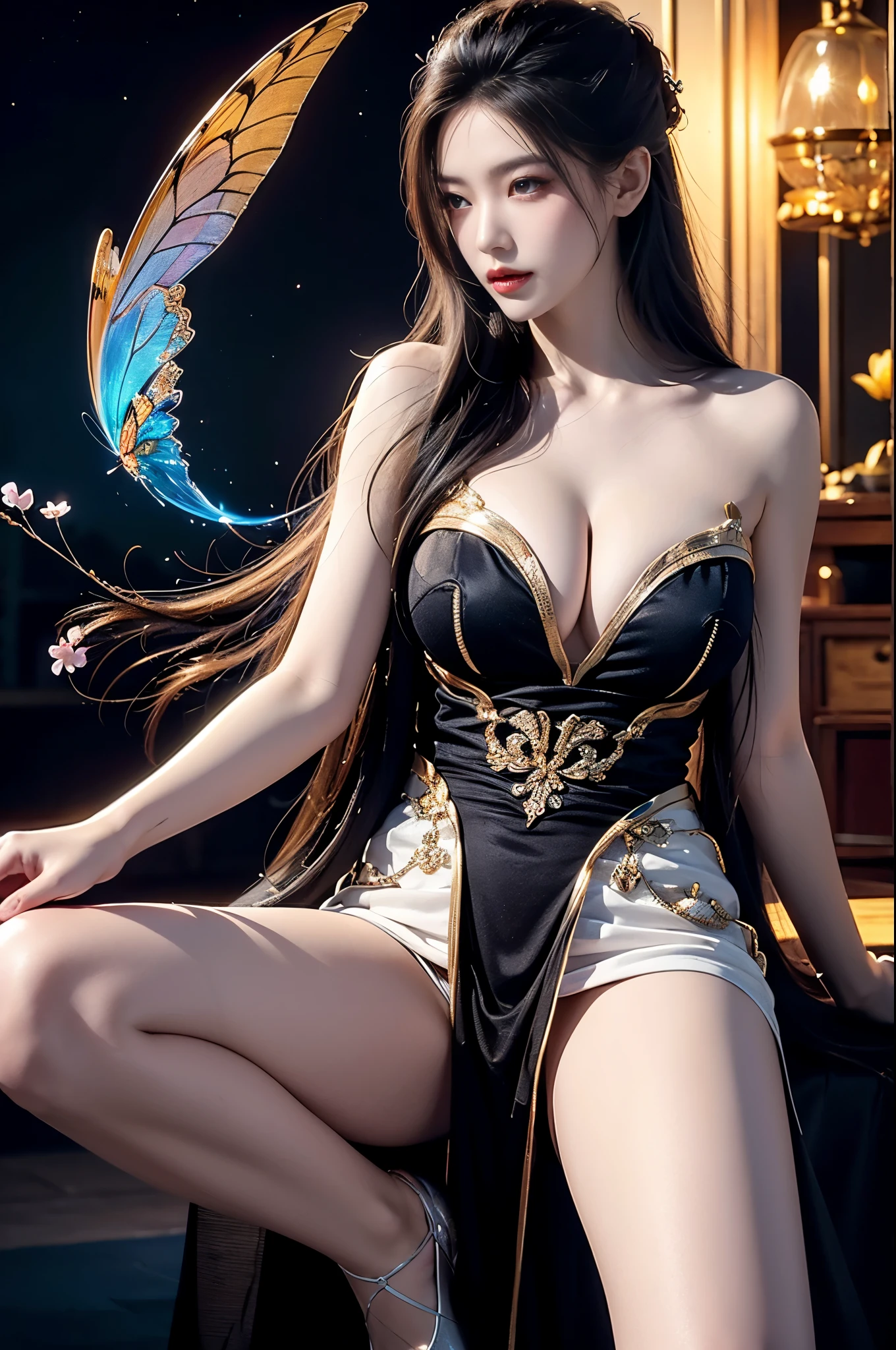 ylj, White hair ,Beautiful dance dynamics , Long legs , Calf((Long white hair,Flowing long hair))Official Art , Unity8k Wallpaper , Extremely detailed , Visible cleavage, Pretty and beautiful , Sexy long legs, masterpiece , best quality ,Practical, Very detailed illustrations ,Extremely detailed , Intricate details , Extremely complex and detailed , Very detailed 8KCG wallpaper , Caustics .reflection , Ray Tracing , Devil Theme ,nebula ,Dark aura, Network Effects , (1 Girl)Solitary , 小蓝Butterfly , Dozens of monarch butterflies around , (Blue plasma flame , (insect , Butterfly)) 圣光Butterfly天使 , Butterfly翅膀 , Pastel tones in Rococo style ,Light white and light dark red , Incredibly beautiful , Cherry blossoms , Surrealism ,painting , Ethereal , Mixing reality and fantasy elements ,Ray Tracing , Complex patterns , Delicate lines , Perfect your hands, Starry Sky , rich and colorful , Star