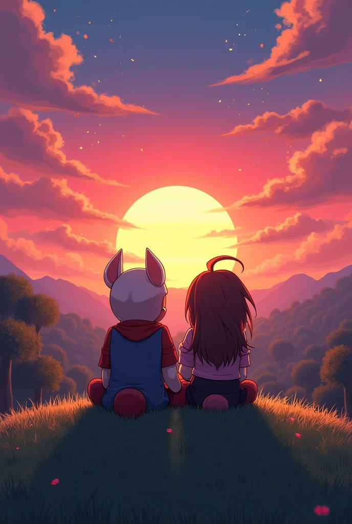 Technoblade and dream are minecraft player. They are watching sunset sat down on a hill. Make a Anime image
