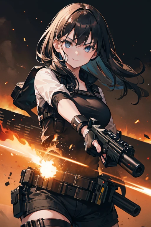 a girl with a gun, smiling, muzzle flash, handgun, realistic, photorealistic, 8k, best quality, hyper detailed, cinematic lighting, dramatic composition, intense action, powerful, intense, striking, dynamic, cinematic, high contrast, vibrant colors
