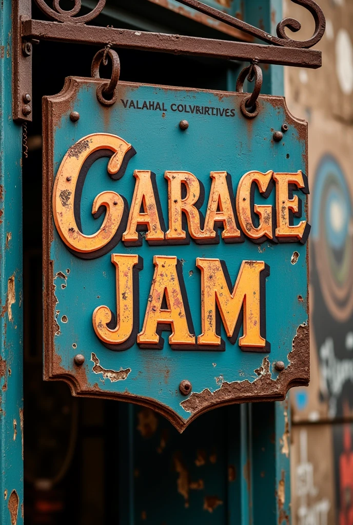 Garage sign vintage. with the title "garage jam". It may have other characteristics more related to blues or rock culture.. Ancient aesthetics.