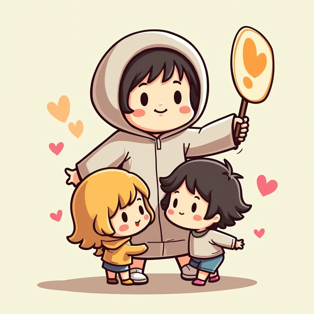 Please help me draw a picture theme:Don't let soft pornographic figures harm minors with their content:Holding a shield in one hand,Behind the shield are two children,In front of the shield is a charming little woman doll,Simple comic style、Bright colors