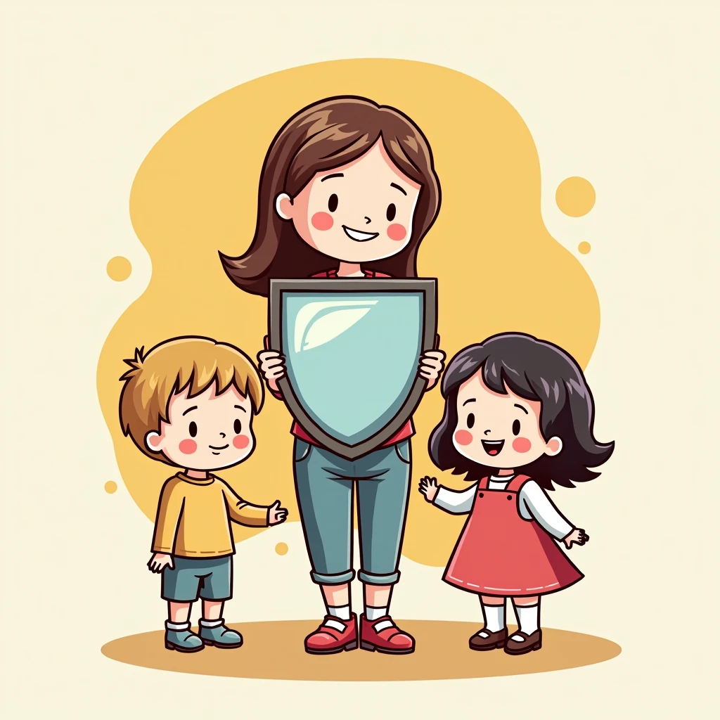 Please help me draw a picture theme:Don't let soft pornographic figures harm minors with their content:Holding a shield in one hand,Behind the shield are two ,In front of the shield is a charming little woman doll,Simple comic style、Bright colors