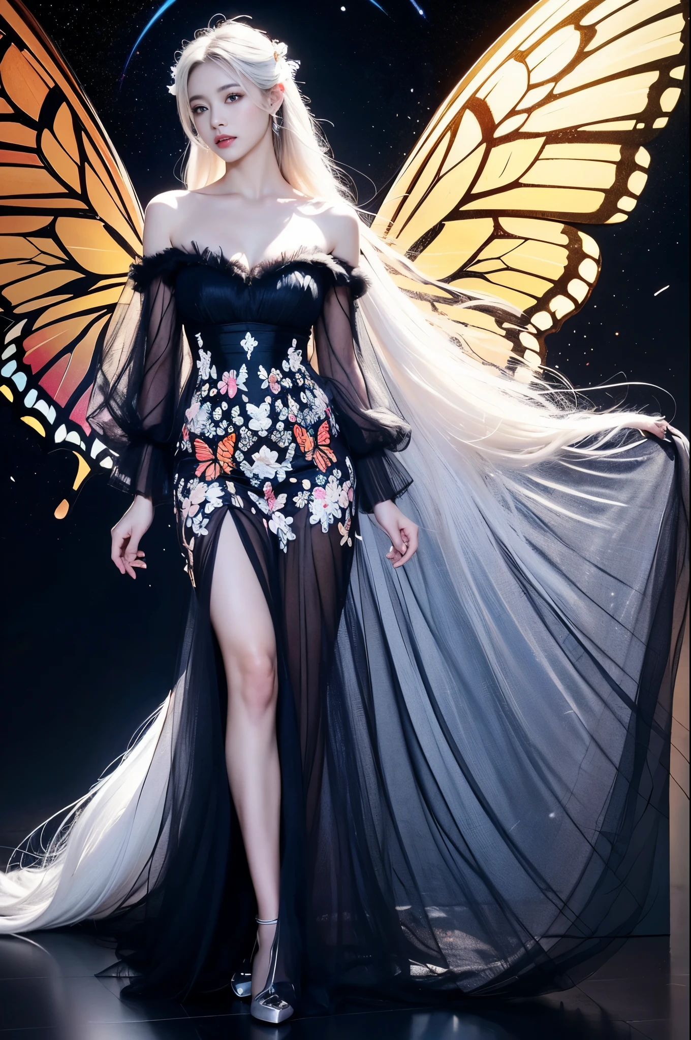 sh33rfl0r4l, long sleeves, black dress, off shoulder, bare shoulders, long dress, see-through, tulle dress,, White hair ,Beautiful dance dynamics , Long legs , Calf((Long white hair,Flowing long hair))Official Art , Unity8k Wallpaper , Extremely detailed , Visible cleavage, Pretty and beautiful , Sexy long legs, masterpiece , best quality ,Practical, Very detailed illustrations ,Extremely detailed , Intricate details , Extremely complex and detailed , Very detailed 8KCG wallpaper , Caustics .reflection , Ray Tracing , Devil Theme ,nebula ,Dark aura, Network Effects , (1 Girl)Solitary , 小蓝Butterfly , Dozens of monarch butterflies around , (Blue plasma flame , (insect , Butterfly)) 圣光Butterfly天使 , Butterfly翅膀 , Pastel tones in Rococo style ,Light white and light dark red , Incredibly beautiful , Cherry blossoms , Surrealism ,painting , Ethereal , Mixing reality and fantasy elements ,Ray Tracing , Complex patterns , Delicate lines , Perfect your hands, Starry Sky , rich and colorful , Star