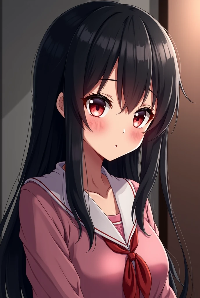 A anime girl with black hair, looks like a yandere, is in insane love