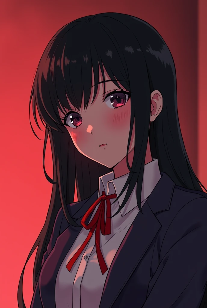 A anime girl with black hair, looks like a yandere, is in insane love