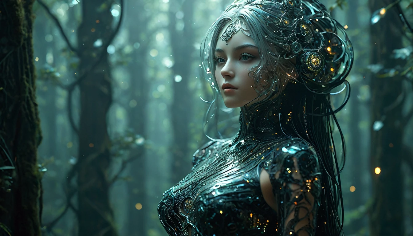 Create an image where the treetops are decorated with twinkling lights, merging nature with a magical starry atmosphere. (Little funny robot, porcelain face and head, big turquoise eyes, long silver hair) perfect eyes double exposure, bioluminescent fantasy, dark sci-fi. Gothic biomechanical essence in art deco style,
Her punkish, tattooed, figure is partially hidden in a swirling dress of obsidian silk printed with delicate filigree floral patterns that echo the inimitable style of Gustav Klimt. Finding yourself in an environment of reflective holographic mirror panels,which split the space around her into a scattering of angular contrasts, a background of shadows on a bright background