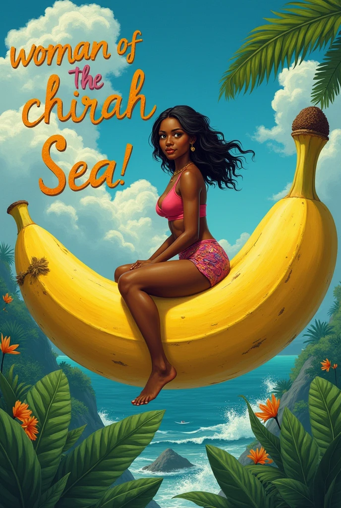 1Naked woman ,hairy vagina walking on top of the sea touching the moon,tan skin wearing red socks,taking full moon light bath! Black pubic hair, golden smilling fishes jumping out of the water.