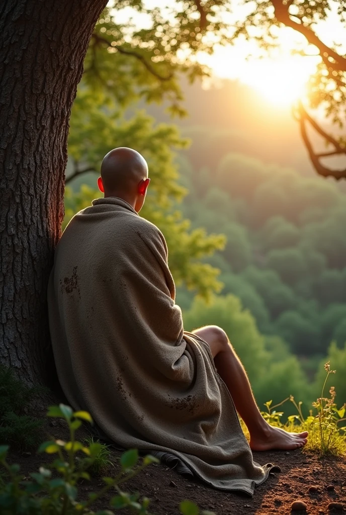A bald Asian young man wearing a torn and dirty blanket sits with his back to a large tree in the forest on the edge of a cliff, facing east and the morning sun.