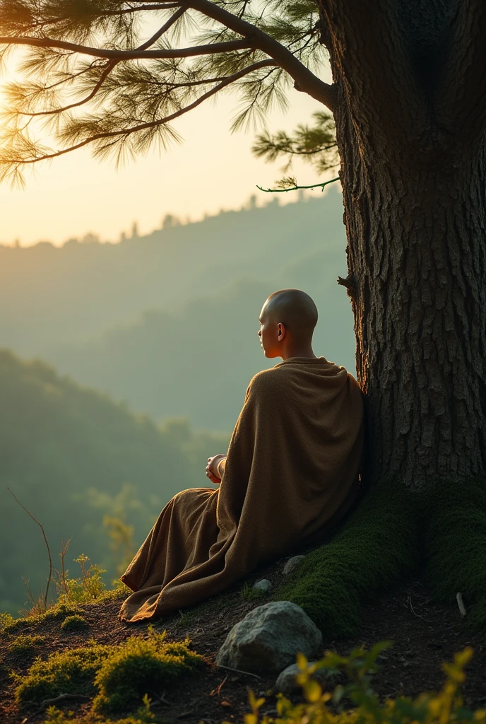 A bald Asian young man wearing a torn and dirty blanket sits with his back to a large tree in the forest on the edge of a cliff, facing east and the morning sun.