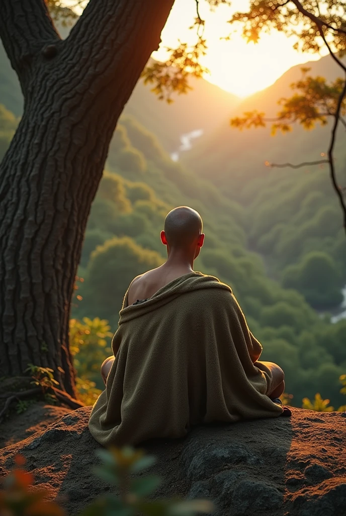 A bald Asian young man wearing a torn and dirty blanket sits with his back to a large tree in the forest on the edge of a cliff, facing east and the morning sun.