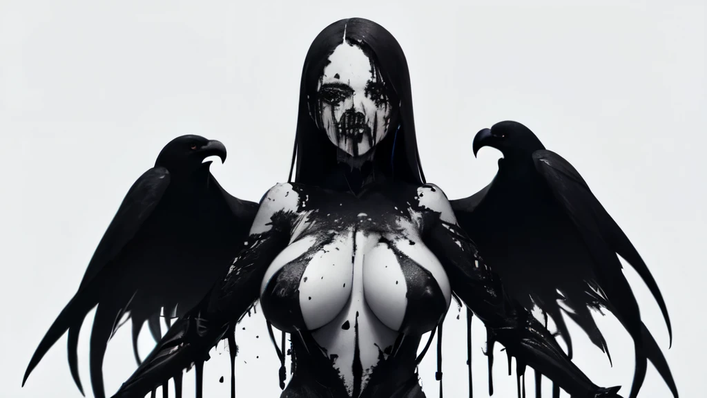 bs, solo, simple background, monochrome, upper body, greyscale, bodysuit, black background, 1other, monster, arms at sides, horror (theme) there is a large-breasted woman in the picture with her arms torn off and her face bleeding, ravens flying in the background, stocking, hot lingerie, big boobies, red paint splatted on it