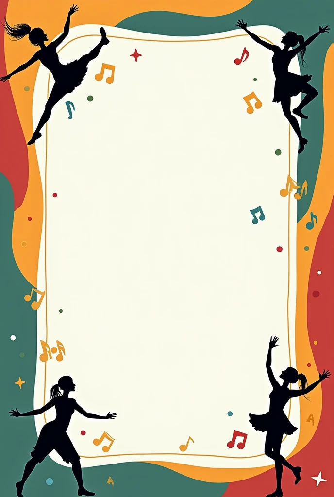 Create a invitation card for dance and singing competition . Leave space in centre for content. The borders shall be of red green yellow and blue colours only have something modern. Also add people of africa, indonesia, russia and phillipenes dancing on the corners and add singing elements. Only girls to added.