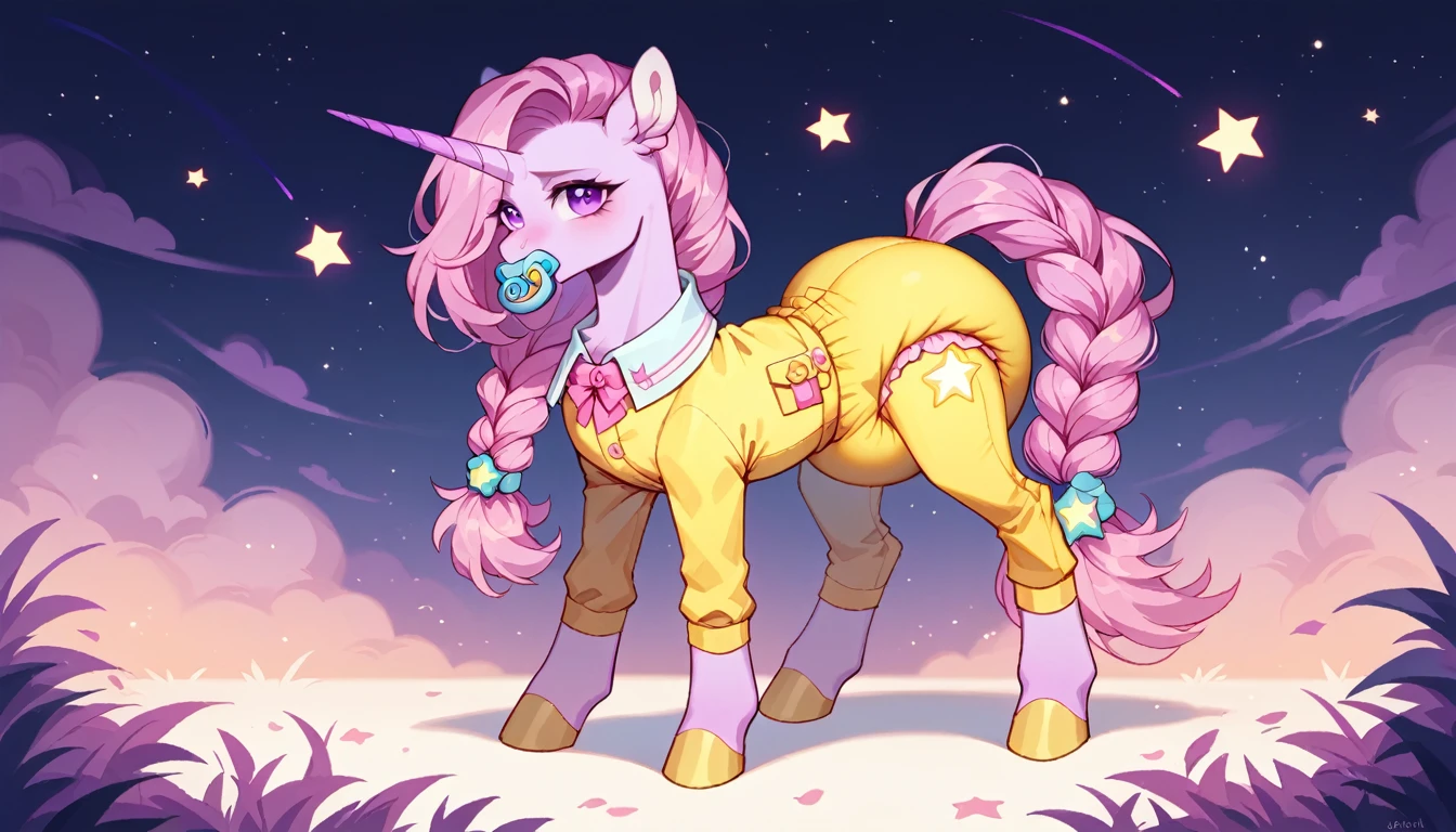 pony, adult mare, purple unicorn, purple eyes, a lush mane braided in a dark blue braid with a purple strand and a pink strand, a fluffy tail of dark blue color with a purple strand and a pink strand, on the croup there is a drawing of a pink star with six small stars around a central star, stands on four hooves, rear hooves spread wide apart, dressed in a soft yellow bodysuit and yellow booties, pacifier in mouth, thick pale pink diaper under clothes.