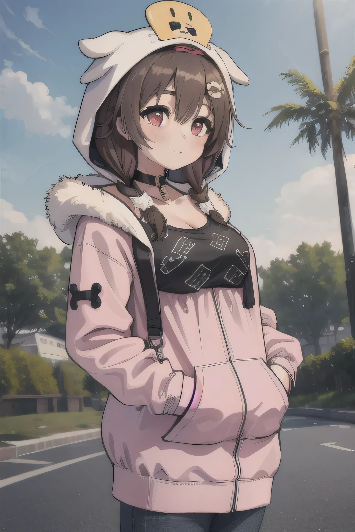 (masterpiece, Highest quality:1.2), alone, One girl, Coronet Casual, Bubble Tea Challenge, straw, Put your hands in your pockets, Pink hoodie, Shoulder cutouts, Fur trim, White hood, Animal Food, Wear a hood, Black Shirt, O-ring choker 