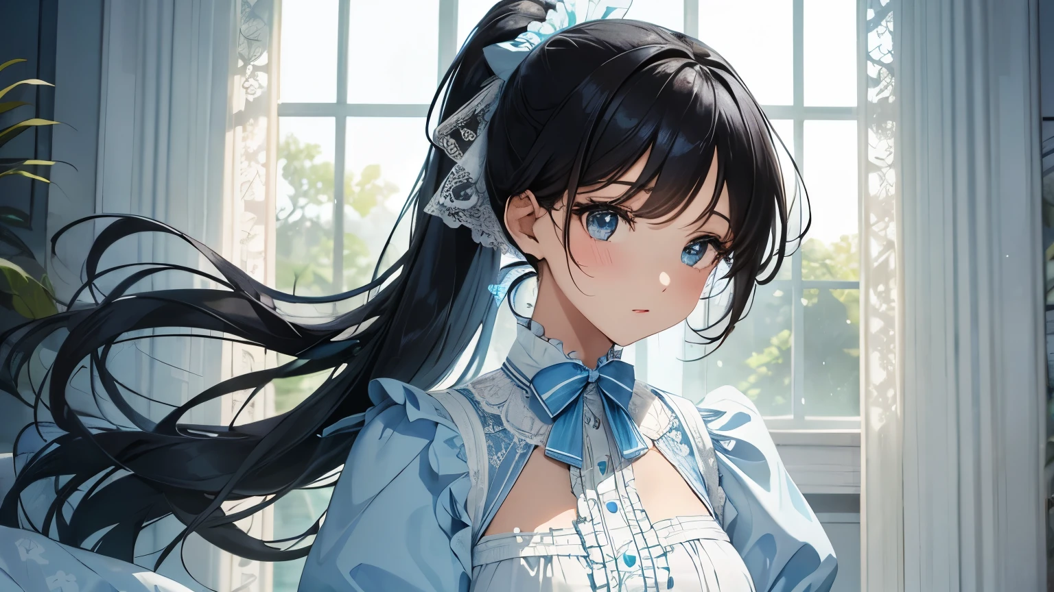 A beautiful woman wearing a blue and white long puff-sleeved dress with lots of frills and lace Black hair ponytail with ribbon Upper Body lipstick Big Breasts