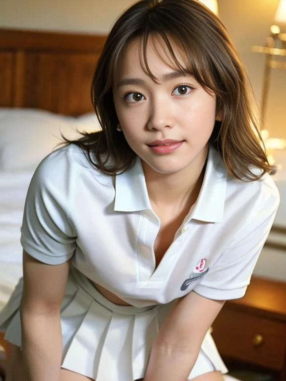 (Masterpiece, Best quality: 1.4), (Ultra realistic, Photo-realistic: 1.2), Full body, (kneeling: 1.3), back view, Looking at viewer, Natural light, 18 years old actress, Japanese women, (arms behind back: 1.2), Neat and clean, ((White tennis uniform, White short-sleeve polo shirt with collar:1.2)), (unbutton:1.3), ((White tennis pleated skirt:1.2)), Wearing white sock, (ponytail: 1.2), Light brown hair color, (Beautiful Face), Oval face, clear, (Beautiful eyes, Kind eyes), (Clear skin), Small face, (Small mouth, Beautiful mouth), Natural makeup, Approachable, Luxury hotel Suite room, On bed, (nsfw:1.1), Seductive smile, Seductive pose, Beautiful thighs, Bedroom eyes,