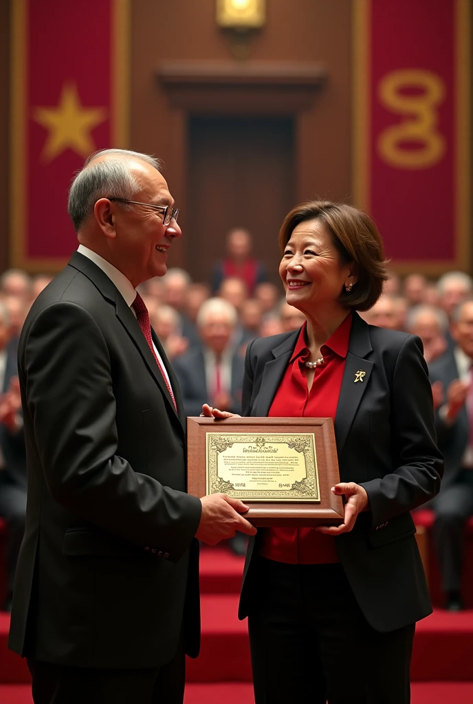 An image of a formal ceremony in a hall or auditorium that symbolizes the Culture of Recognition in public and private institutions. That shows how the work of collaborators is decorated and appreciated for years of service,  outstanding merits and professional achievements. Let the image show the presentation of a recognition and the applause of colleagues in the auditorium. That image is fine but change the one who gives the recognition, put the two of them in a thermos. This is better but change the trophy for a commemorative plaque