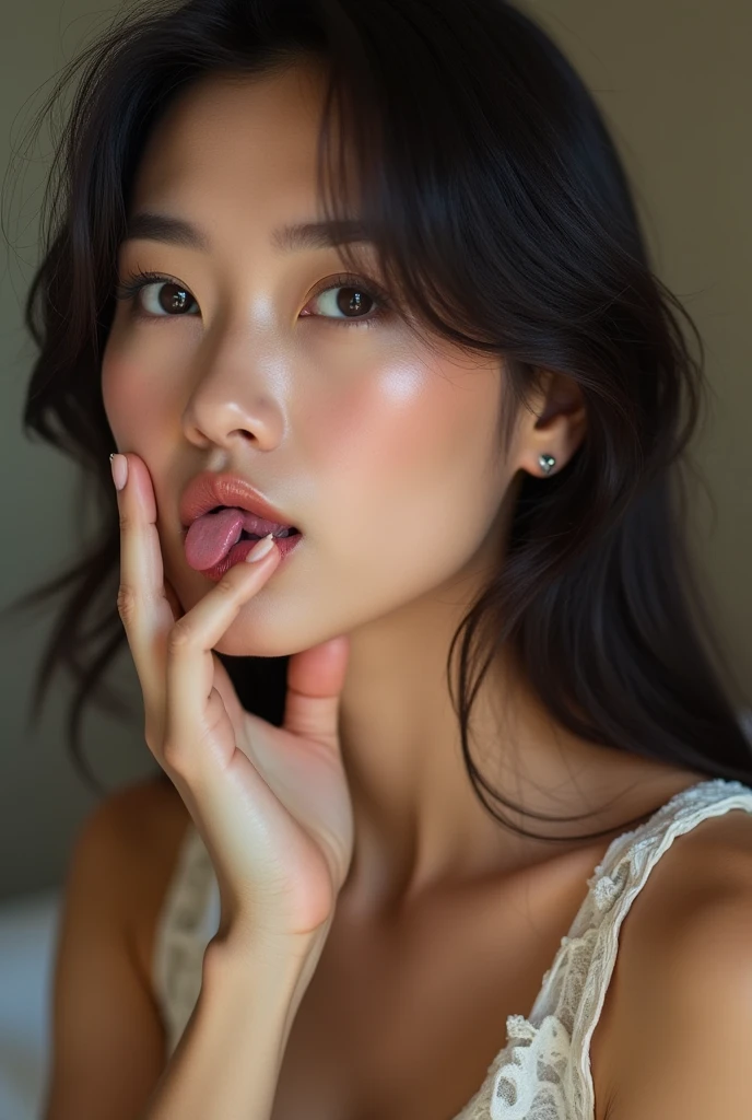 Create a picture of an Asian mature woman licking a penis