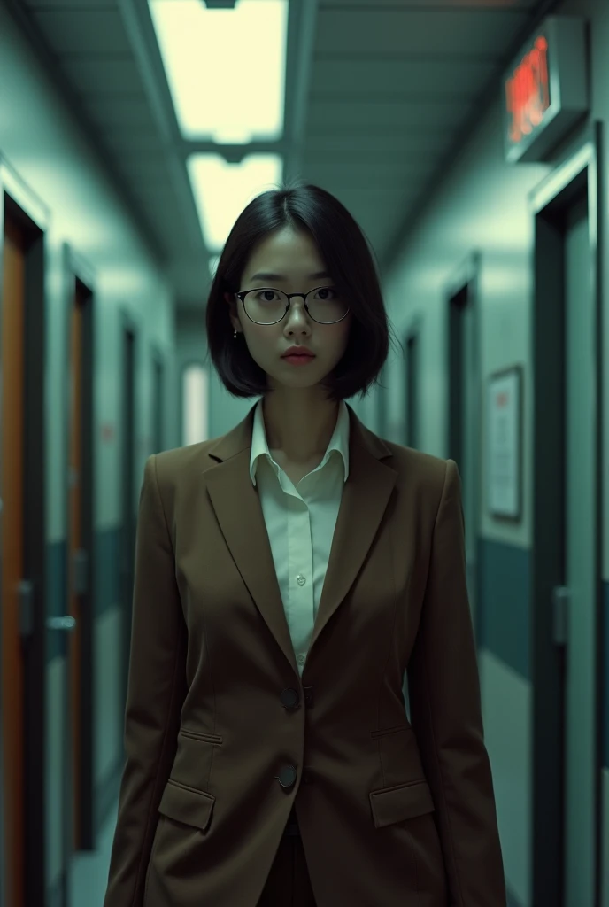 (photorealistic) realistic image of a (Asian woman), (slim build), (short hair), (white skin), (dark eyes), wearing a (brown suit), walking in police station with a (serious face), (wearing glasses), capturing a (Kodak color film look), featuring a (grainy texture), surrounded by a picturesque (police station) under dramatic light, atmospheric, vivid colors, natural lighting, emotionally charged ambiance,no make up