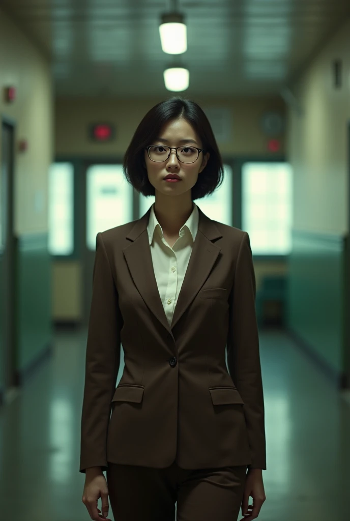 (photorealistic) realistic image of a (Asian woman), (slim build), (short hair), (white skin), (dark eyes), wearing a (brown suit), walking in police station with a (serious face), (wearing glasses), capturing a (Kodak color film look), featuring a (grainy texture), surrounded by a picturesque (police station) under dramatic light, atmospheric, vivid colors, natural lighting, emotionally charged ambiance,no make up