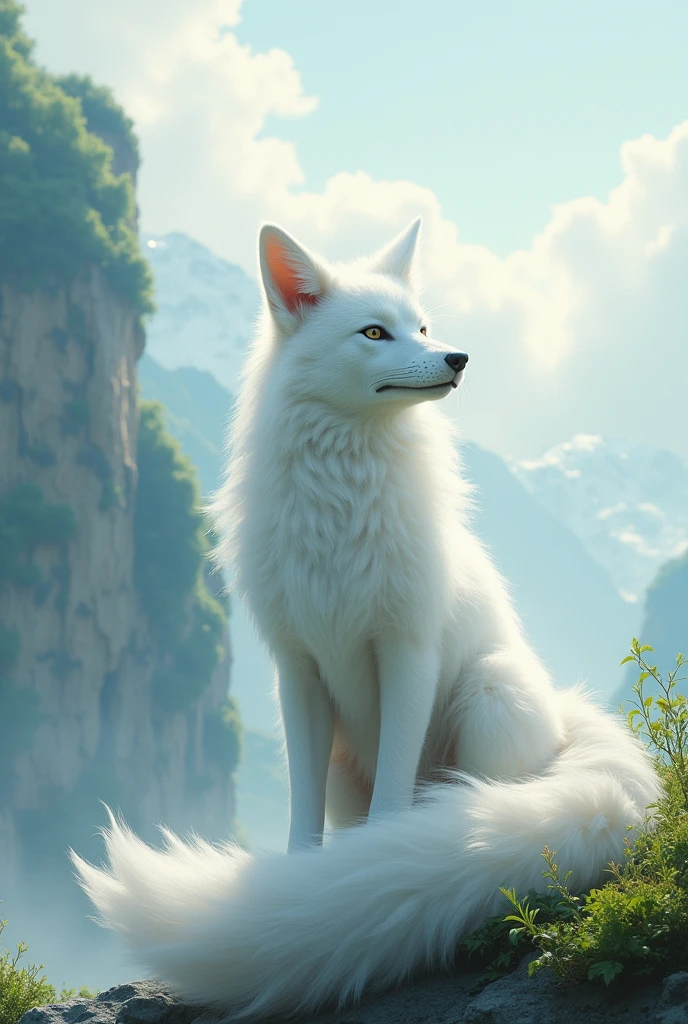 Please design an ancient mythical nine-tailed fox mount for me,Face to face us,The fox is a white fox with nine tails,Behind is the white cloud mountain with flowing water and green plants