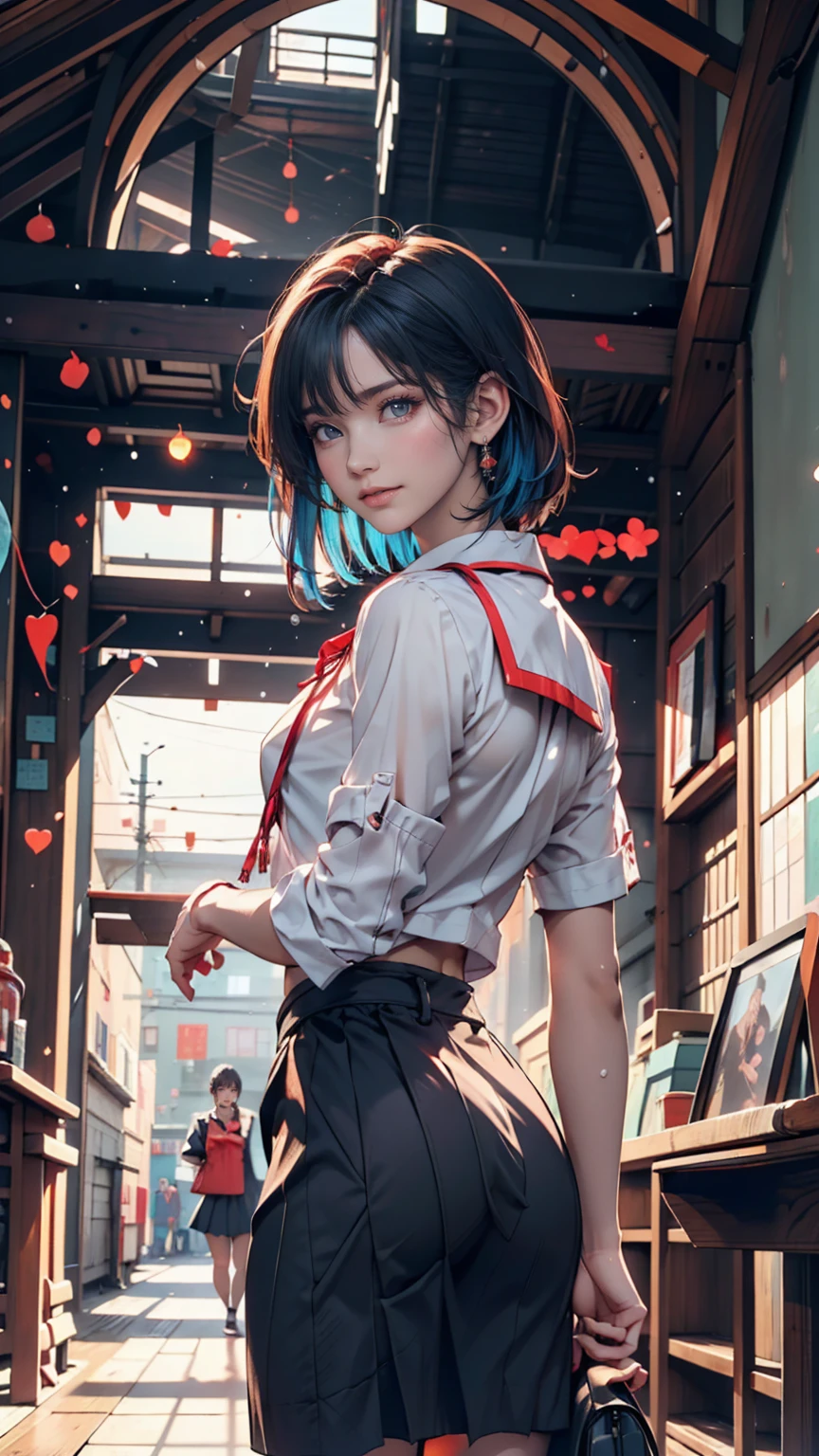 A masterpiece portrait of smiling Rei Ayanami (Evangelion), Evangelion (Hideaki), Caustics, High resolution illustrations, Red eyes, feminine, No students, Blue Hair,  short hair, Japanese School Uniform, loafers, Spank, Synthwave, paint Splashs, Shaded flat illustration, Digital Art, Trending on Art Station, Very detailed, The finer details, Complex, Splash, Overtake, Vaporware, Neon color