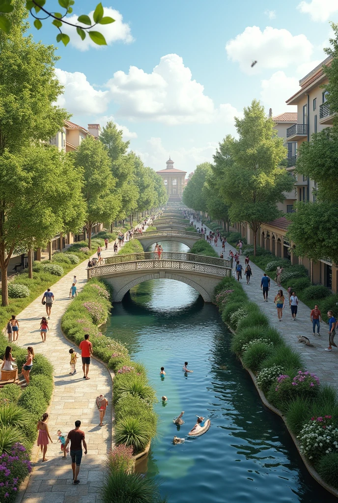 Healthy community with front view, a park, have a river and a bridge