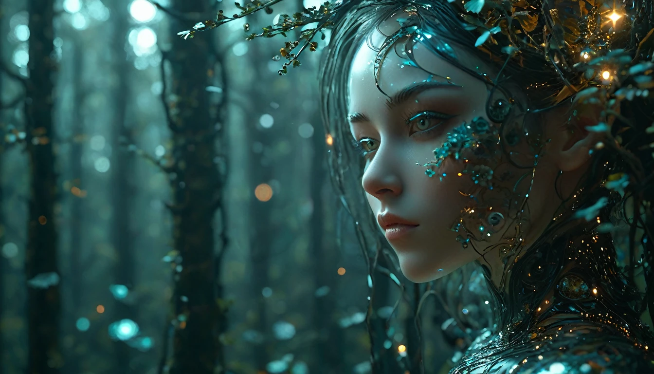 Create an image where the treetops are decorated with twinkling lights, merging nature with a magical starry atmosphere. (Little funny robot, porcelain face and head, big turquoise eyes, long silver hair) perfect eyes double exposure, bioluminescent fantasy, dark sci-fi. Gothic biomechanical essence in art deco style,
Her punkish, tattooed,  figure is partially hidden in a swirling dress of obsidian silk printed with delicate filigree floral patterns that echo the inimitable style of Gustav Klimt. Finding yourself in an environment of reflective holographic mirror panels,which split the space around her into a scattering of angular contrasts, a background of shadows on a bright background