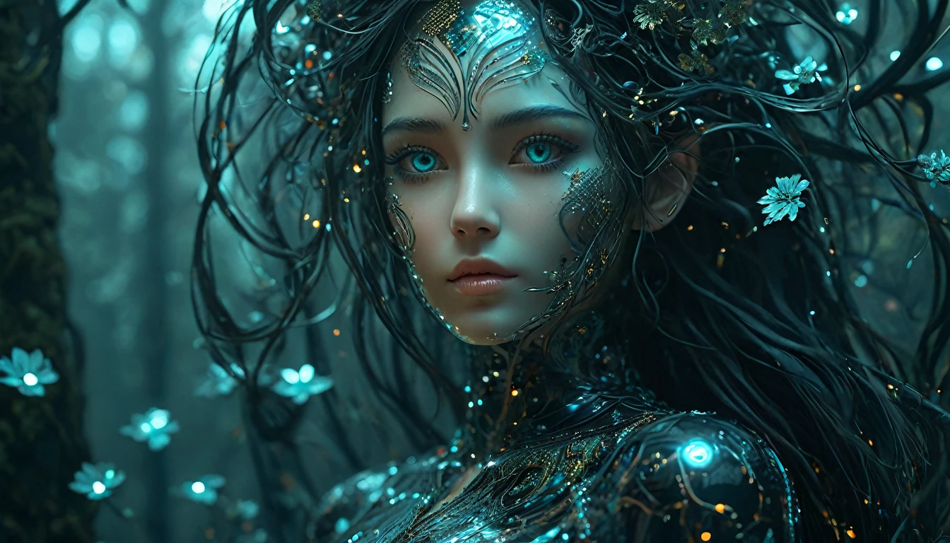 Create an image where the treetops are decorated with twinkling lights, merging nature with a magical starry atmosphere. (Little funny robot, porcelain face and head, big turquoise eyes, long silver hair) perfect eyes double exposure, bioluminescent fantasy, dark sci-fi. Gothic biomechanical essence in art deco style,
Her punkish, tattooed, figure is partially hidden in a swirling dress of obsidian silk printed with delicate filigree floral patterns that echo the inimitable style of Gustav Klimt. Finding yourself in an environment of reflective holographic mirror panels,which split the space around her into a scattering of angular contrasts, a background of shadows on a bright background