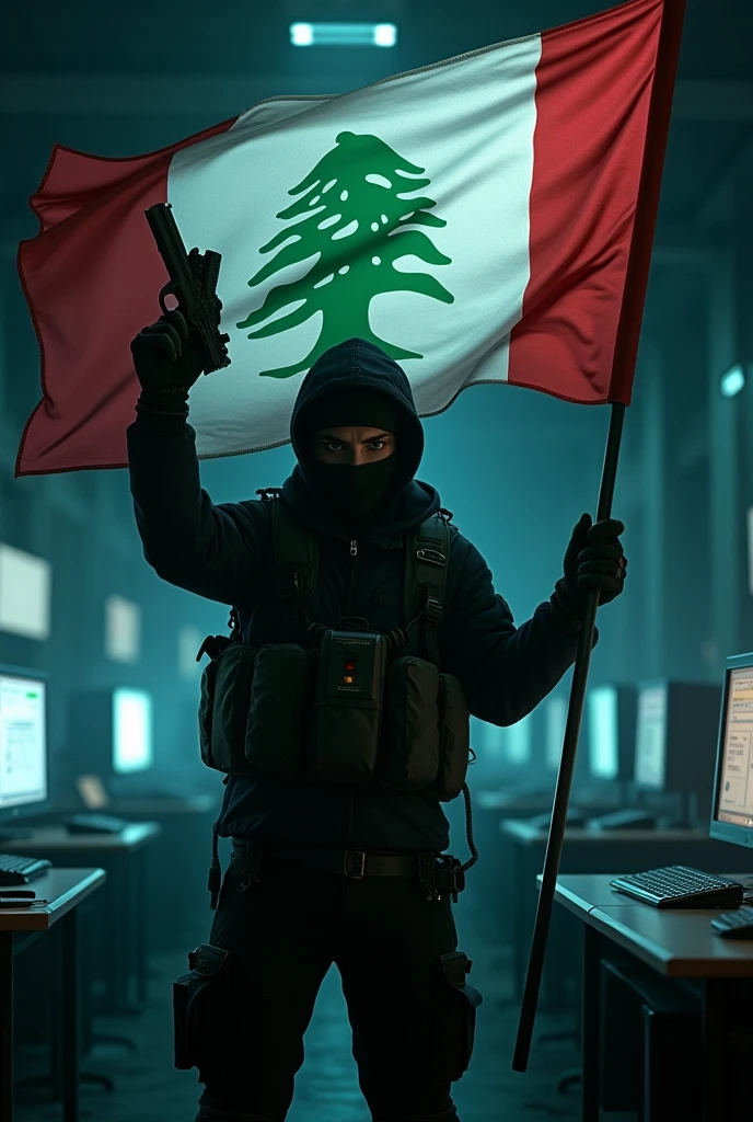 A hacker holds a gun and a Hezbollah flag 