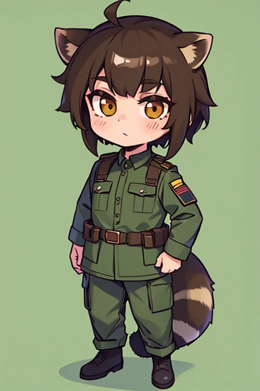 1Man,military uniform,chibi,full body,green background,Brown hair,Raccoon ears,