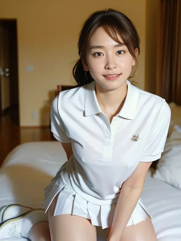 (Masterpiece, Best quality: 1.4), (Ultra realistic, Photo-realistic: 1.2), Full body, (kneeling: 1.3), Looking at viewer, Natural light, 25 years old actress, Japanese women, (arms behind back: 1.2), Neat and clean, ((White sexy tennis uniform, White short-sleeve polo shirt with collar:1.2)), (unbutton:1.3), ((White tennis pleated skirt:1.2)), Wearing white sock, (ponytail: 1.2), Light brown hair color, (Beautiful Face), Oval face, clear, (Beautiful eyes, Kind eyes), (Clear skin), Small face, (Small mouth, Beautiful mouth), Natural makeup, Approachable, Luxury hotel Suite room, On bed, (nsfw:1.1), Seductive smile, Seductive pose, Beautiful thighs, Bedroom eyes,