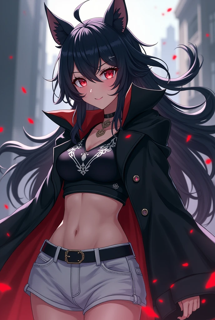 Slayer cat wolf anime girl- 6 girl
With a long black coat
And black and white crop thats a little long
And wihte shorts