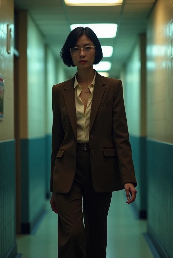 (photorealistic) realistic image of a (Asian woman), (slim build), (short hair), (white skin), (dark eyes), wearing a (brown suit), walking in police station with a (serious face), (wearing glasses), capturing a (Kodak color film look), featuring a (grainy texture), surrounded by a picturesque (police station) under dramatic light, atmospheric, vivid colors, natural lighting, emotionally charged ambiance,no make up