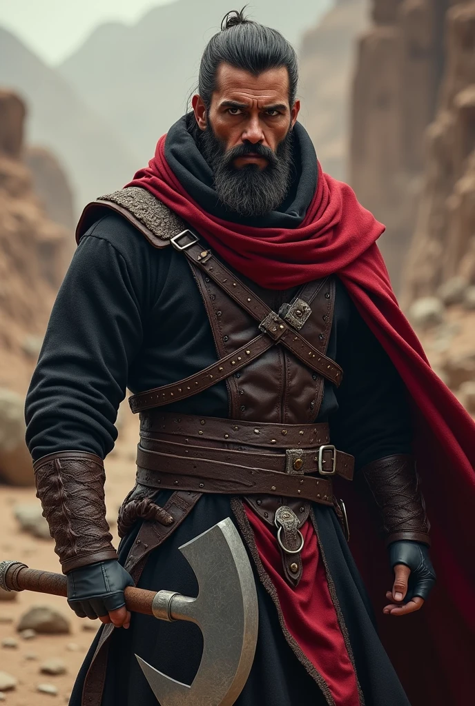 Warrior, beard , straight hair , holding a axe , Arabian accent , hoodie , black with red mix dress, mustache trimmed , full size