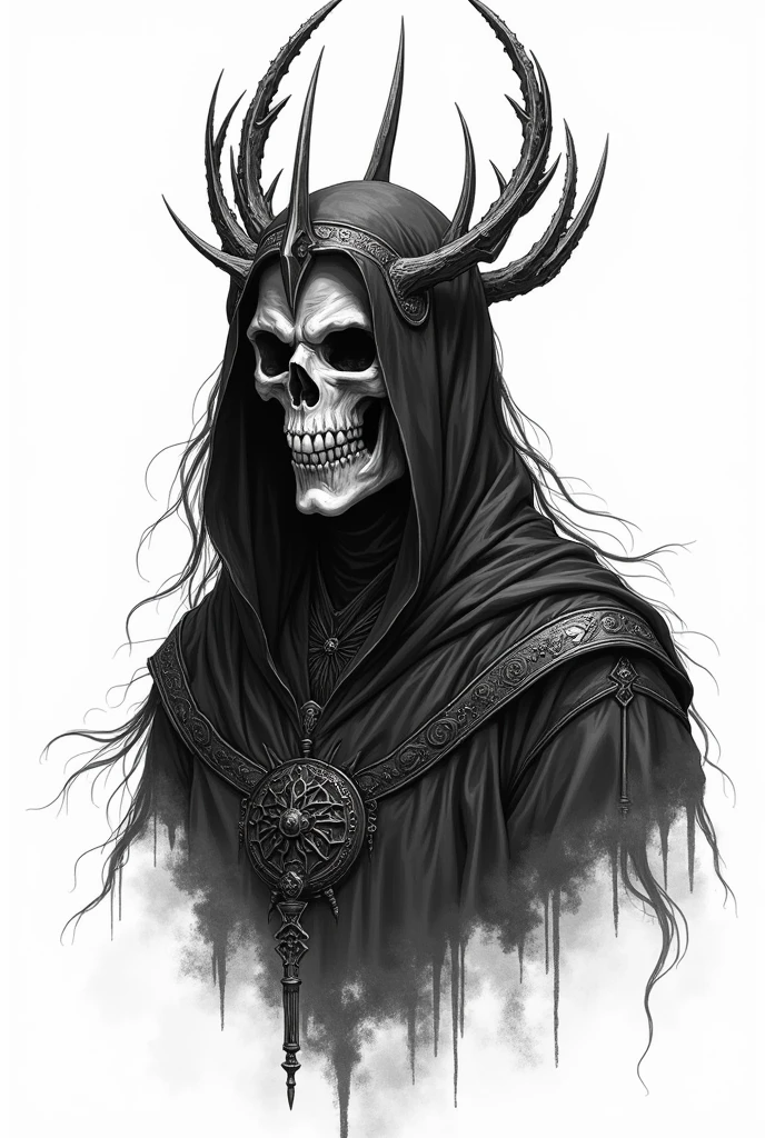 Drawing line art design for sticker of: The king of angmar from lord of the rings, floating Reaper, scyscraper, wear templar cros crown, dark Taoist robes, white background, the corpse faces