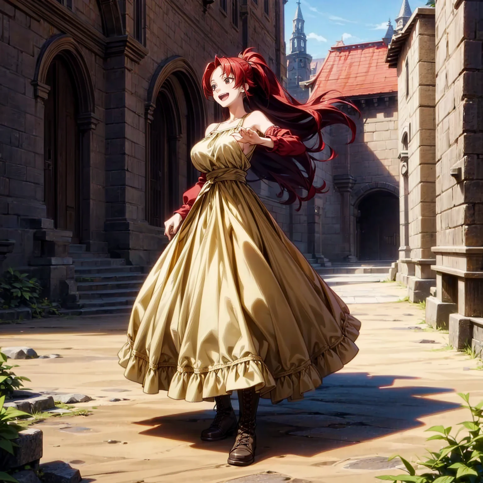 Solo character, full body version, young girl, black eyes, red color hair, very long hair, ponytail, long dress clothing, yellow color dress, bare shoulder clothing, long skirt, boots, outdoor, village, medieval, morning, standing gesture, detailed background, detailed clothing, detailed hair, happy eyes, open mouth, big Breast 