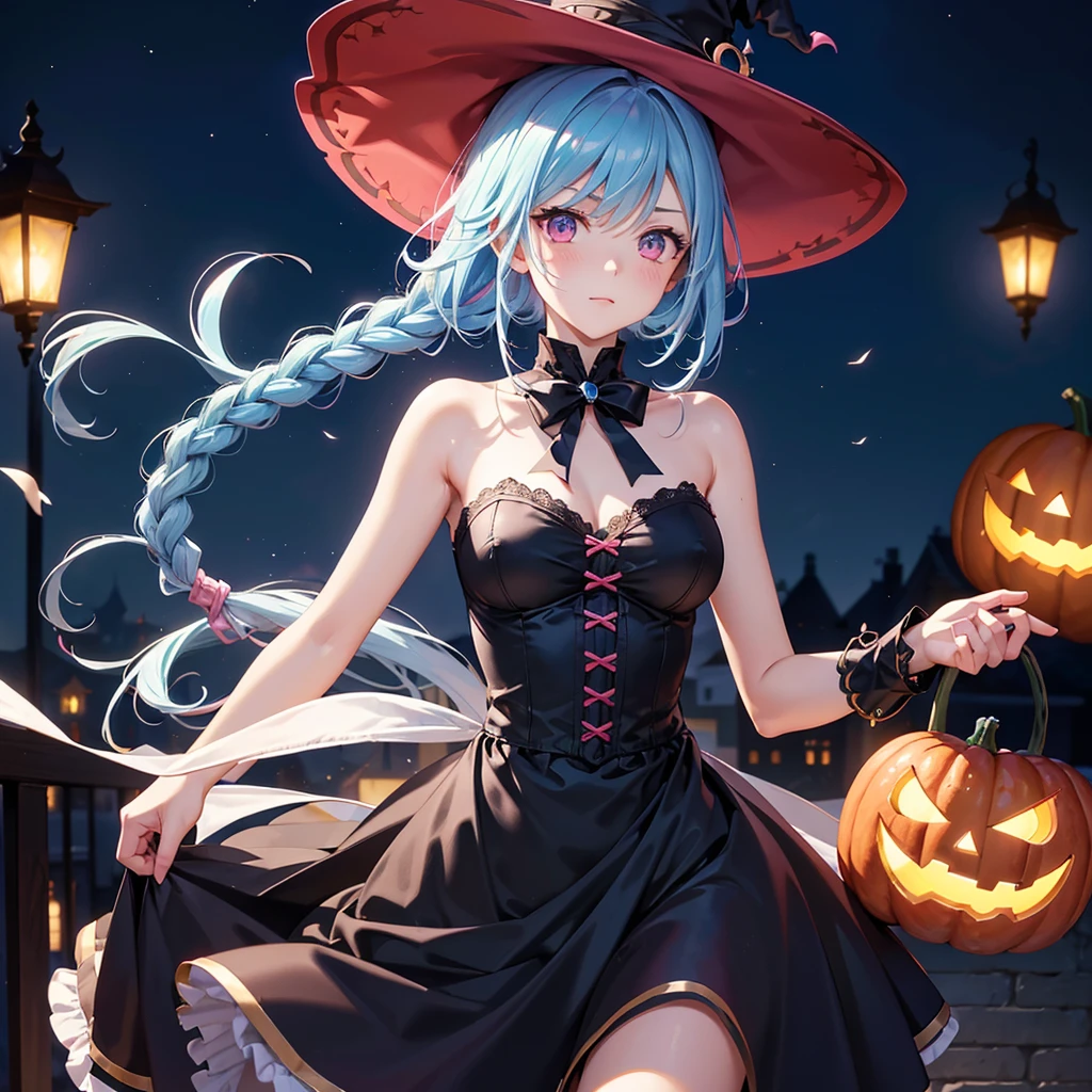 (Sky Blue Hair),(Braided medium hair), (Pink Eyes),Fair skin) ,(whole body),(One Girl),(Crescent Moon),(There are many pumpkin ghosts in the background),(If you don't give me sweets, I'll be mischievous.),Halloween Night Party),(masterpiece, Highest quality, Very detailed, Best Shadow), (Detailed Background), (Beautifully detailed face), High Contrast, (Best lighting, Very delicate and beautiful), ((Cinematic Light)), Hyper Detail,8k, Dramatic Light, Intricate details,Witch's Clothes,Magic broom,night,Bats flying in the background,