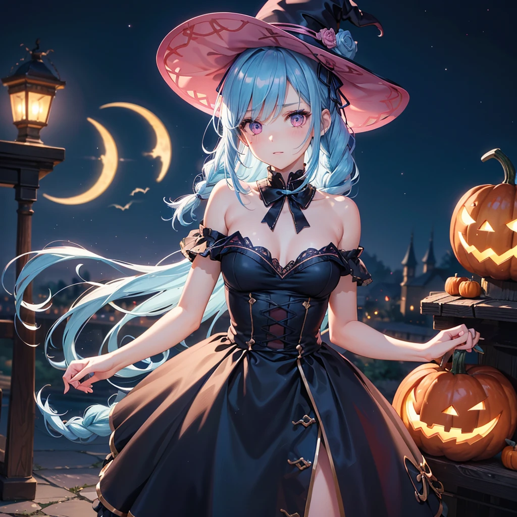 (Sky Blue Hair),(Braided medium hair), (Pink Eyes),Fair skin) ,(whole body),(One Girl),(Crescent Moon),(There are many pumpkin ghosts in the background),(If you don't give me sweets, I'll be mischievous.),Halloween Night Party),(masterpiece, Highest quality, Very detailed, Best Shadow), (Detailed Background), (Beautifully detailed face), High Contrast, (Best lighting, Very delicate and beautiful), ((Cinematic Light)), Hyper Detail,8k, Dramatic Light, Intricate details,Witch&#39;s Clothes,Magic broom,night,Bats flying in the background,