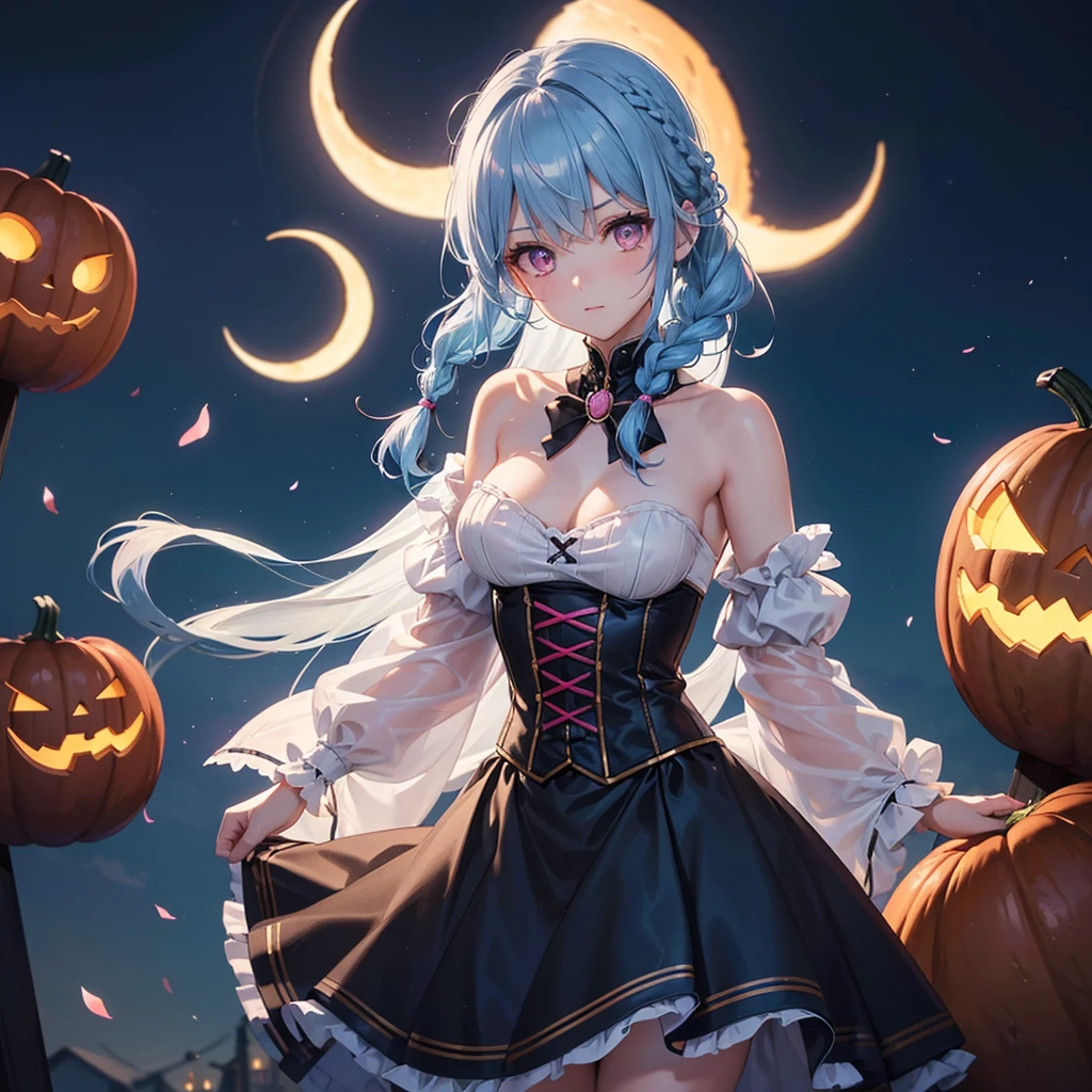 (Sky Blue Hair),(Braided medium hair), (Pink Eyes),Fair skin) ,(whole body),(One Girl),(Crescent Moon),(There are many pumpkin ghosts in the background),(If you don't give me sweets, I'll be mischievous.),Halloween Night Party),(masterpiece, Highest quality, Very detailed, Best Shadow), (Detailed Background), (Beautifully detailed face), High Contrast, (Best lighting, Very delicate and beautiful), ((Cinematic Light)), Hyper Detail,8k, Dramatic Light, Intricate details,Witch&#39;s Clothes,Magic broom,night,Bats flying in the background,