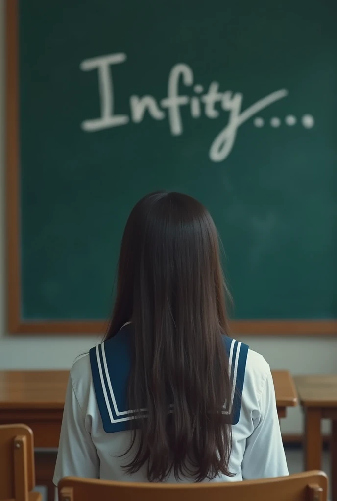 A young woman aged 18 with long hair wearing a sailor uniform sits in a classroom, (Blackboard in the background: 1.5), (The word Infinity is written in chalk on the blackboard: 1.5), (Best Quality: 1.1), (Masterpiece: 1.3), Flawless artwork, Ultra detailed, Best quality, Masterpiece 4K Wallpaper aesthetics, Masterpiece, Award-winning, Official art, Cinematic lighting