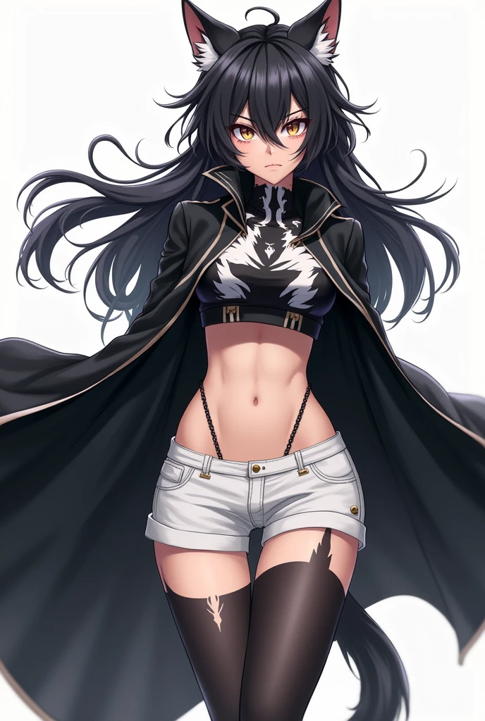 Slayer cat wolf anime girl- 6 girl
With a long black coat
And black and white crop thats a little long
And wihte shorts