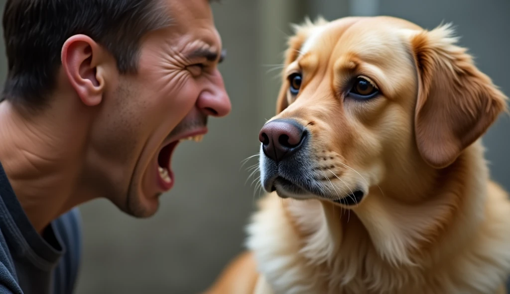A person making an exaggerated ugly face at a dog, with the dog looking offended or serious.