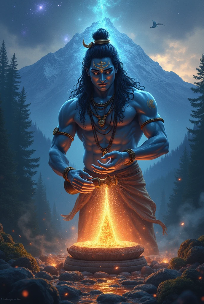 Generate an image of lord Siva pouring water from his pot on the siv ling with background of mountain and dark forest with lots of cosmic energy 