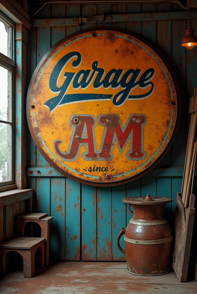 Garage sign vintage. with the title "garage jam". It may have other characteristics more related to blues or rock culture., SOM "since". Old and rusty aesthetics. Para servir SOM um arte de símbolo.
