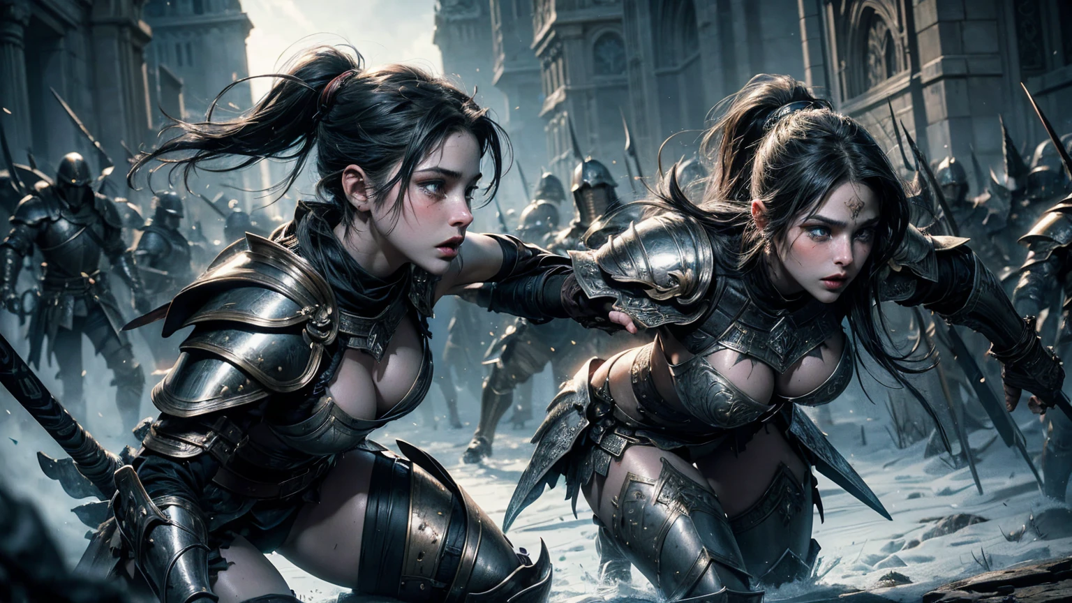 Beautifully detailed eyes, beautifully detailed lips, highly detailed eyes and face, long eyelashes, 1 girl, large breasts, female warrior with torn battle armor, injured, armor Sexy, leading an army of thousands, medieval fantasy, epic battle scenes, dark fantasy, stunning lighting, cinematic, epic level, highly detailed, intricate armor design, striking posture, expressive Powerful, moody colors, dramatic shadows, volumetric lighting, realistic, 8k, high resolution, hyper detail, masterpieces
