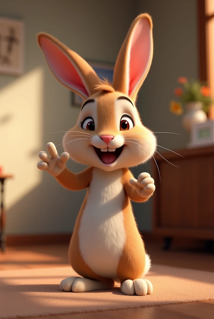 Cute adorable rabbit waving and smiling saying hello to me, Unreal Engine, Pleasant interior lighting, Detailed digital painting, movie, Character design by Mark Redden, Pixar and Hayao Miyazaki, Unreal 5, Daz, Surrealism, Octane Rendering, 3DMDT1  