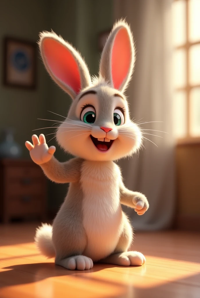 Cute adorable rabbit waving and smiling saying hello to me, Unreal Engine, Pleasant interior lighting, Detailed digital painting, movie, Character design by Mark Redden, Pixar and Hayao Miyazaki, Unreal 5, Daz, Surrealism, Octane Rendering, 3DMDT1